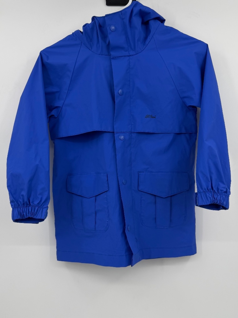 LL Bean Rain Jacket Kids XS Blue Hooded Windbreaker Zip Buttons PVC Nylon